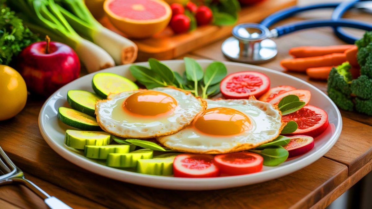 Illustration of the nutritional impact of eggs on heart health, highlighting cholesterol and LDL levels, generated by artificial intelligence.
