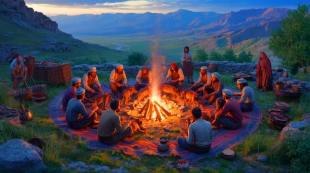 Illustration of ancient communities in western Iran engaging in elaborate feasting rituals over 11,000 years ago.