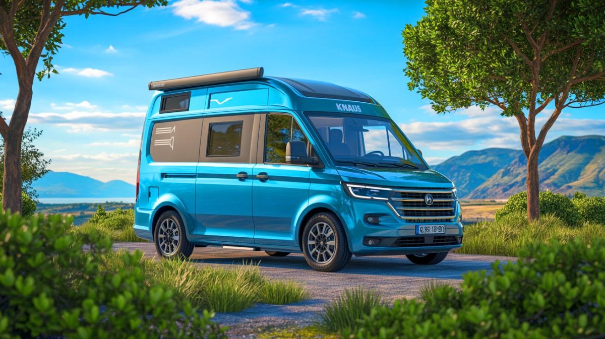 Illustration of the innovative Knaus Boxtime camper van, showcasing its futuristic design and features, generated by artificial intelligence.