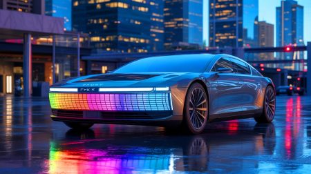 Illustration of the FX Super One with The F.A.C.E., an AI-powered interactive LED grille, as an artificial illustration.