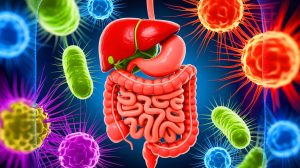 Illustration of the gut microbiome's role in chronic fatigue syndrome, generated by artificial intelligence.