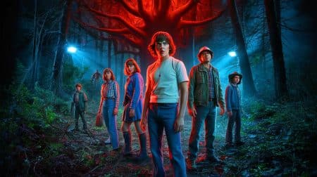Illustration of the cast of Stranger Things preparing for the final season showdown, generated by artificial intelligence.