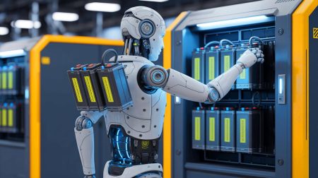 Illustration of the Walker S2 humanoid robot autonomously swapping its own batteries in an industrial setting.