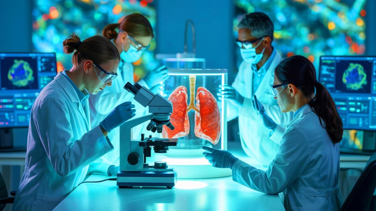 Illustration of scientists reconstructing the 1918 influenza genome using preserved lung tissue.