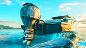 Illustration of the EPTechnologies Falcon Series Electric Outboard Motor Showcasing Axial-Flux Motor Technology.