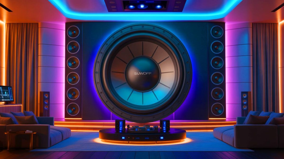 Audiophiles Rage as “This Monster Subwoofer” Shakes Homes and Sparks Noise Complaints Across America Illustration of the world's largest 100-inch subwoofer by Ascendo Immersive Audio.