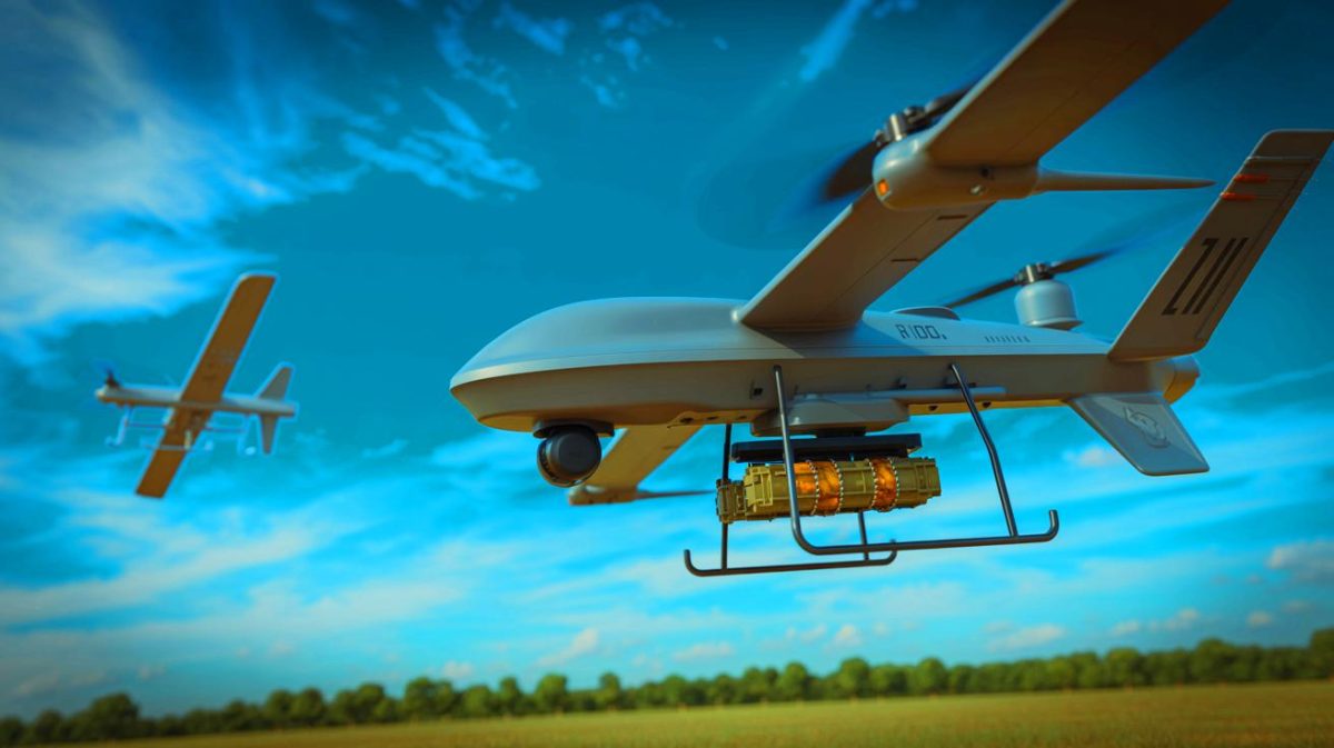 Illustration of a quadcopter drone equipped with a Claymore mine engaging a target in midair.