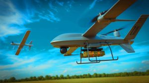 Illustration of a quadcopter drone equipped with a Claymore mine engaging a target in midair.