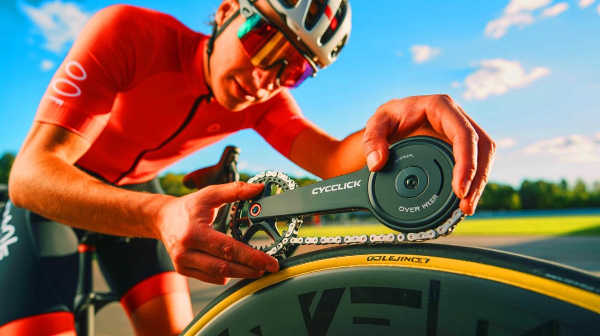 Illustration of a cyclist installing the CycleClick power meter on a bicycle chain.