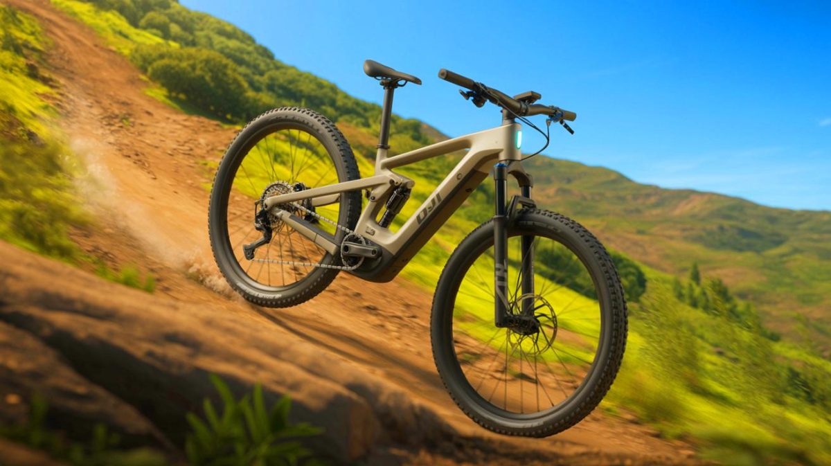 Illustration of DJI Amflow electric mountain bike equipped with advanced motor technology.