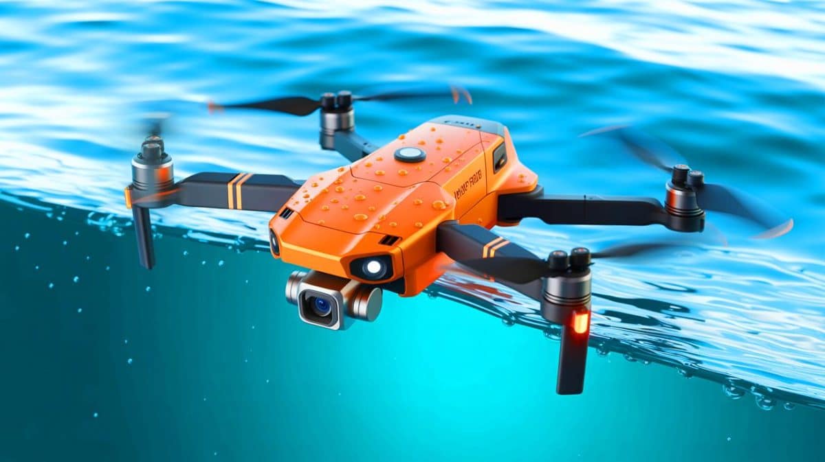 Illustration of the HoverAir Aqua, the world's first fully waterproof, water-native drone, capturing aquatic adventures.