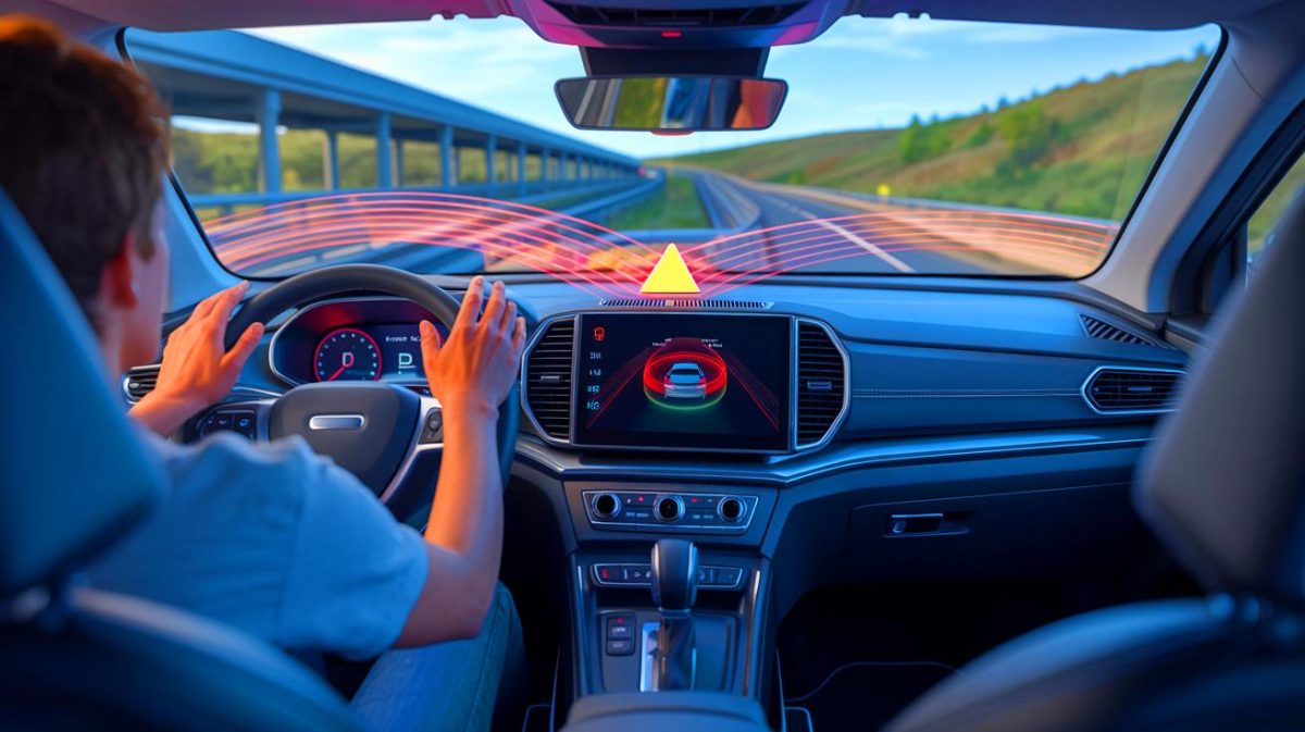 Illustration of Advanced Driving Assistance Systems (ADAS) influencing driver behavior on the road.