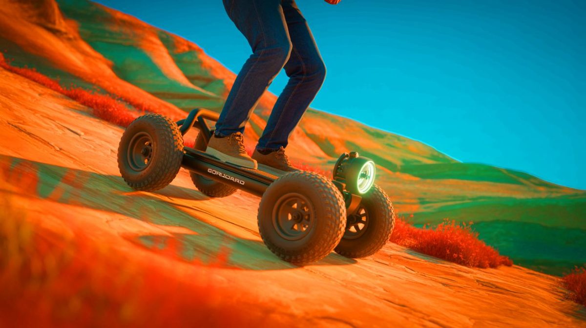 Illustration of the Gorilla board by TLTBoard showcasing its unique off-road design with a single powered wheel and two outrigger wheels.