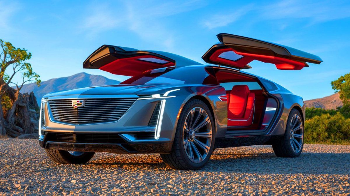 Illustration of the Cadillac Elevated Velocity concept car with its futuristic gullwing doors and bold design.