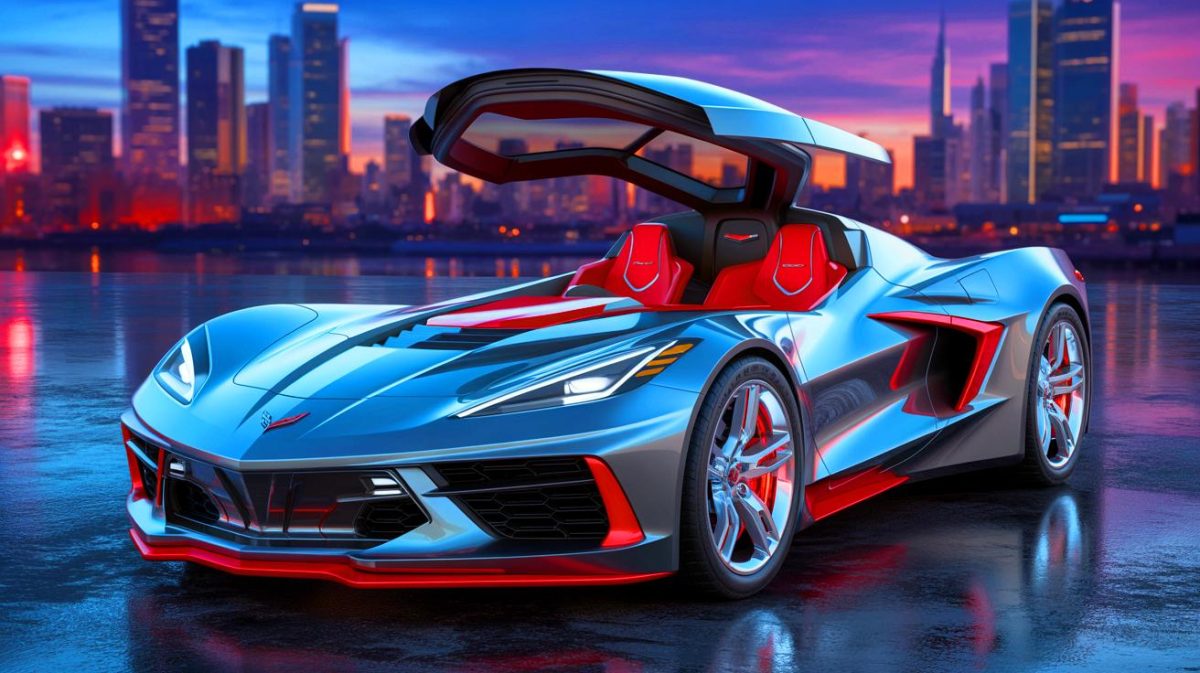 Illustration of GM's futuristic Corvette concept car with a detachable cockpit and bold red accents.