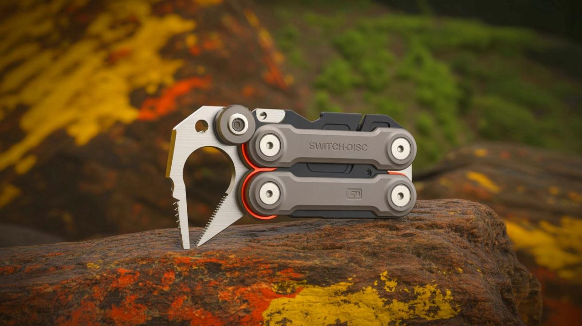 Illustration of the SwitchDisc multitool with its swappable cores and titanium main body.