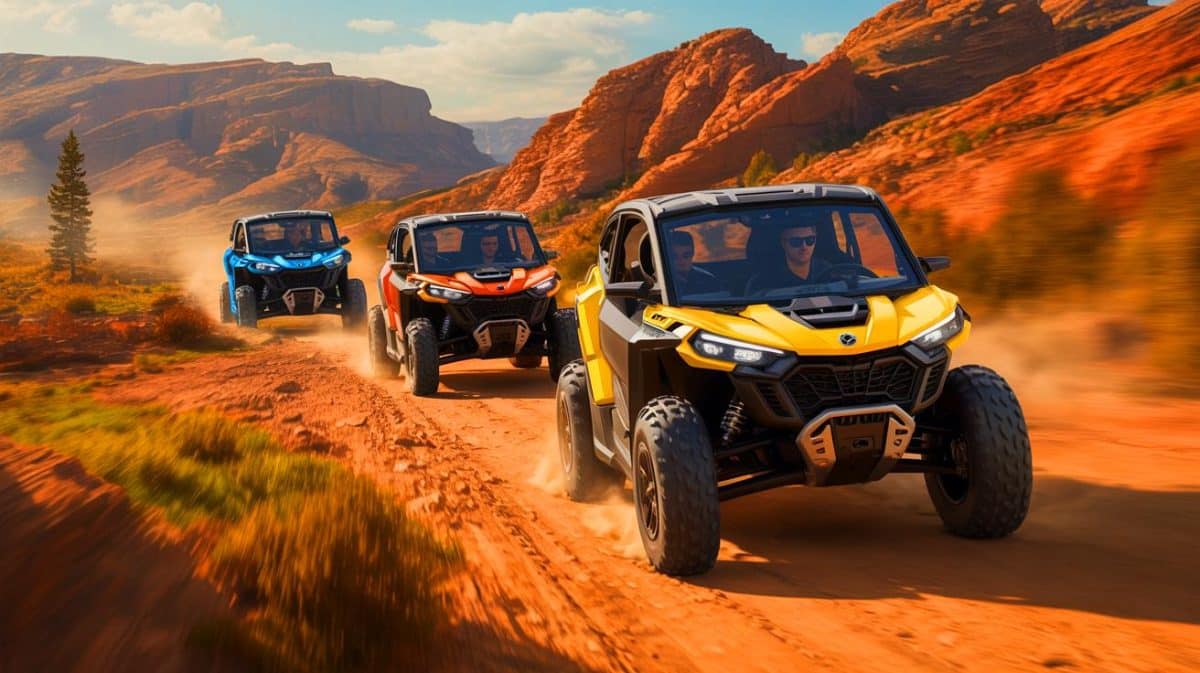 “Heart-Pounding Speed Grips Riders”: Unbelievable New Electric Vehicles Promise to Transform Your Off-Road Adventures Forever Illustration of Can-Am's new electric and advanced suspension ATVs in rugged terrain.