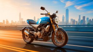 Illustration of CFMoto's 750SR-S, the first inline-four motorcycle from CFMoto, designed for the middleweight sports bike market.
