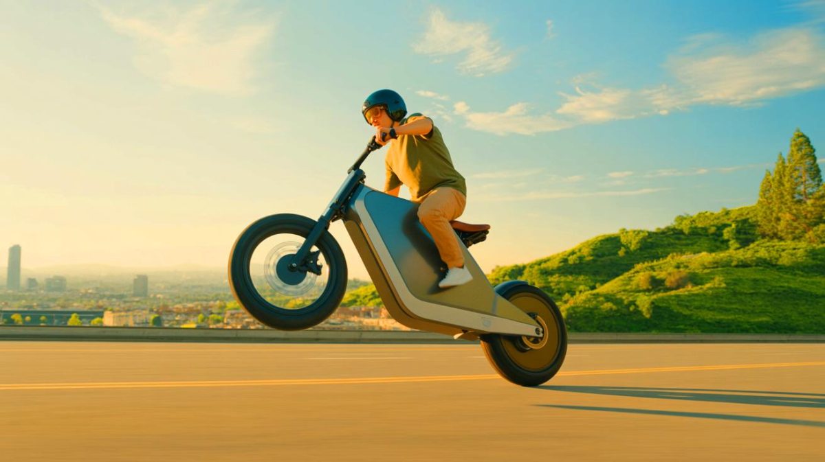 Illustration of the Wheelie Fun Bike performing a balance point wheelie with ease.
