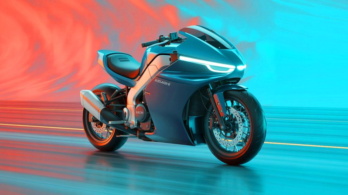 Illustration of the Kejashi tilt-wing motorcycle featuring innovative aerodynamics and a unique steering mechanism.