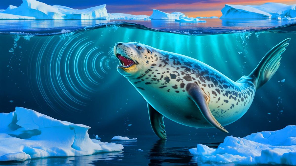 Illustration of Leopard Seal Singing Underwater with Structured Vocal Patterns.