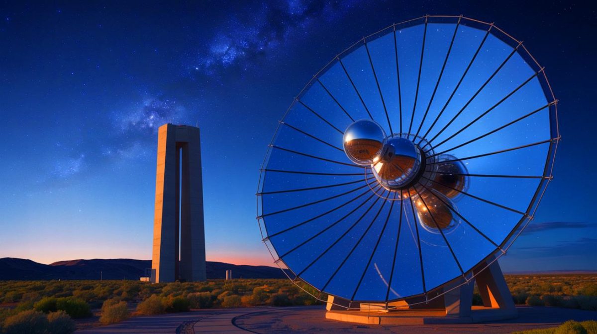 Illustration of heliostat mirrors at Sandia National Laboratories being used for nighttime asteroid detection.