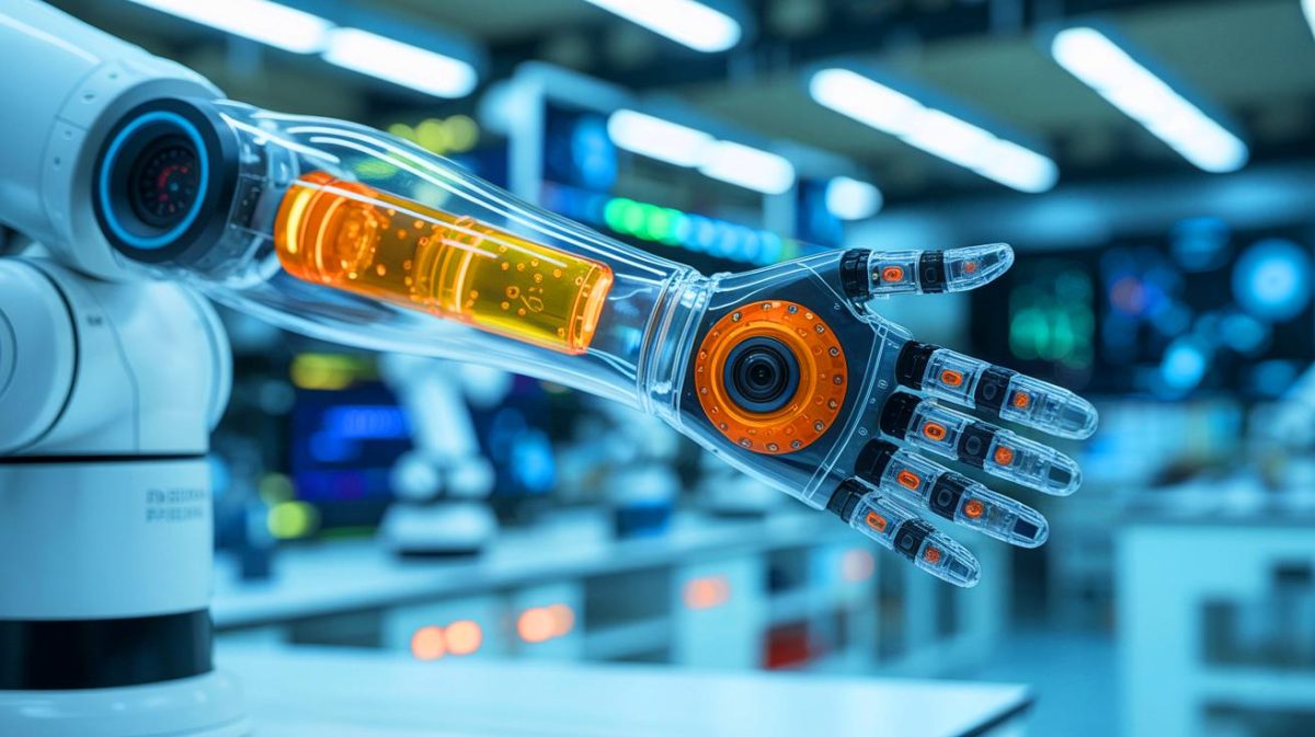 “Robots Are Becoming Alarmingly Human”: This New ProTac Tech Sparks Fear Among Global Industries Illustration of a robotic arm equipped with ProTac technology sensing proximity and touch through integrated cameras.