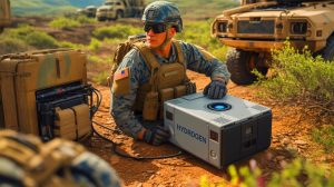 Illustration of hydrogen fuel cell technology adapted for U.S. Marine Corps field operations.