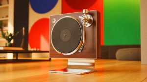 Illustration of the Wheel 3 turntable with optical technology and minimalist design.