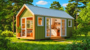 Illustration of a compact Capucine tiny house with a single-floor design and natural light-filled interior.
