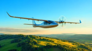 Illustration of the ALIA CX300 electric aircraft in flight over Nordic landscapes.