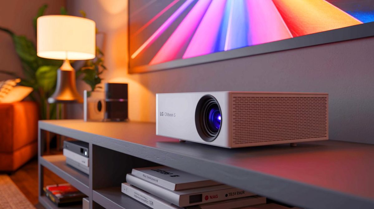 Illustration of LG's CineBeam S projector showcasing its compact design and advanced features.