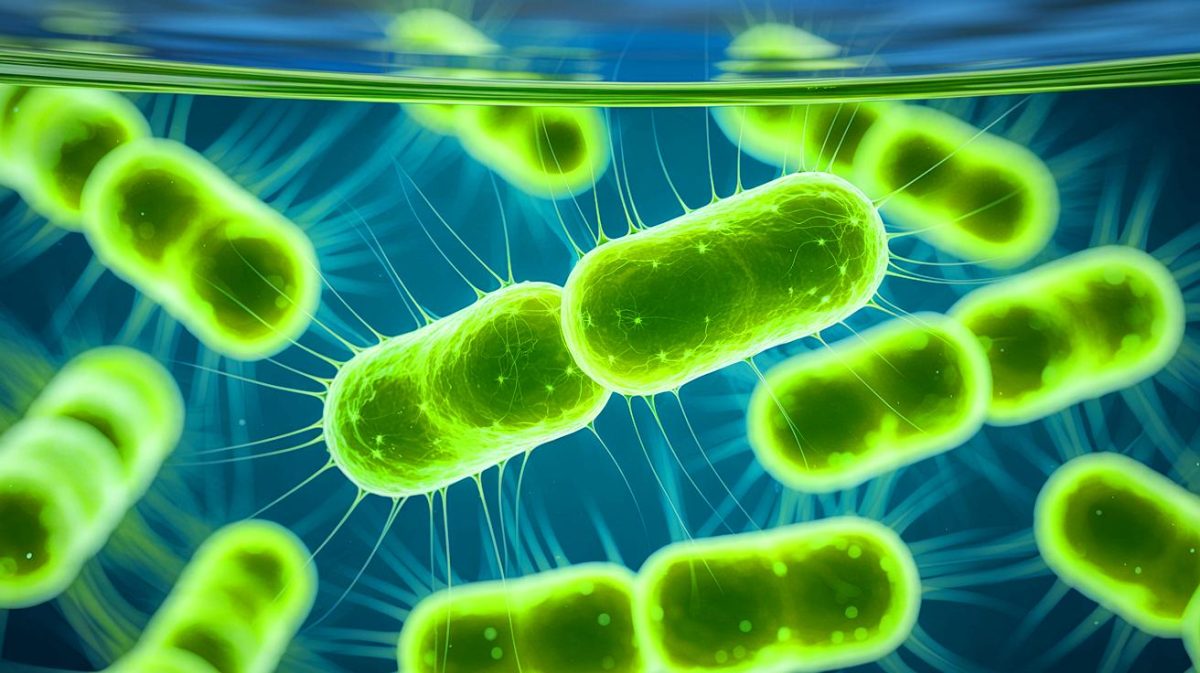 Engineered Bacteria ‘Detect Hidden Threat’: Microplastics in Water Spark Urgent Global Alert—Can We Reverse the Damage? Illustration of engineered bacteria detecting microplastics in water by glowing green.