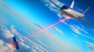 Illustration of a laser-based communication system linking an aircraft to a low-Earth orbit satellite.