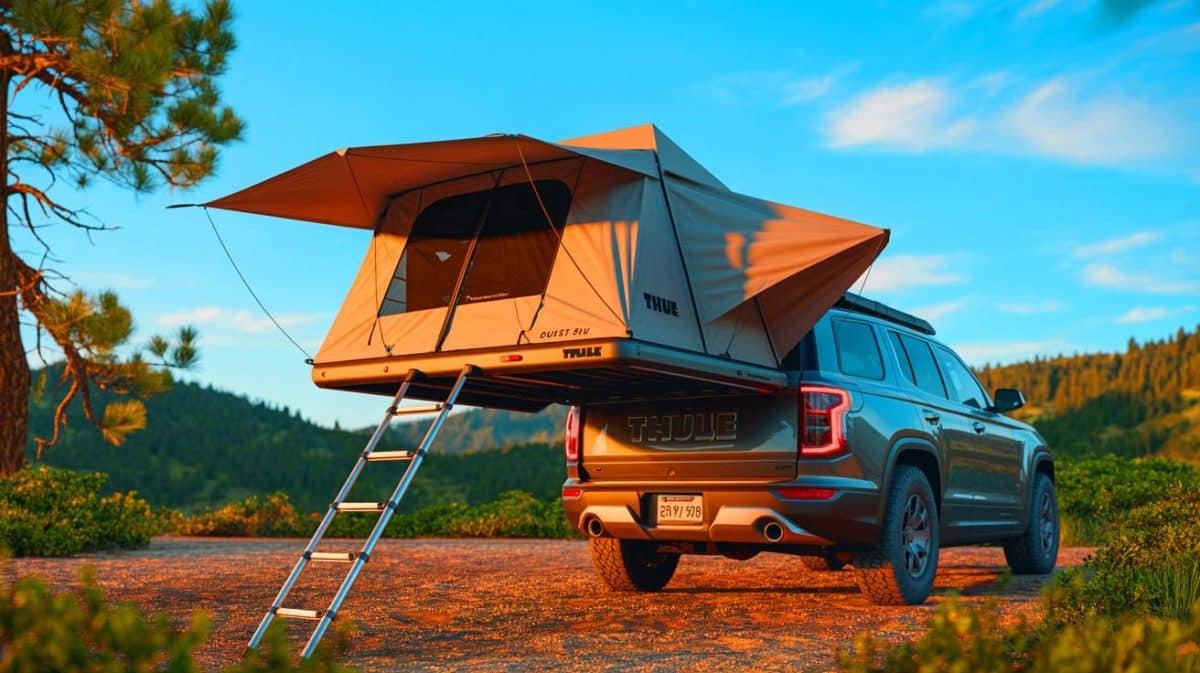 Illustration of the Thule Outset hitch-mounted tent integrated with a vehicle, showcasing its unique design and functionality.