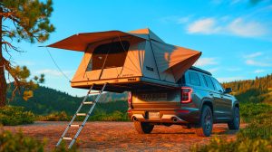 Illustration of the Thule Outset hitch-mounted tent integrated with a vehicle, showcasing its unique design and functionality.