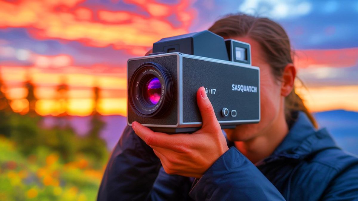Illustration of the Sasquatch 617 panoramic film camera capturing a scenic landscape.