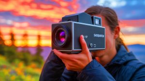 Illustration of the Sasquatch 617 panoramic film camera capturing a scenic landscape.