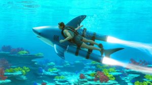 Illustration of the Kikfin Shark Jet Pack demonstrating its biomimetic design and underwater propulsion capabilities.