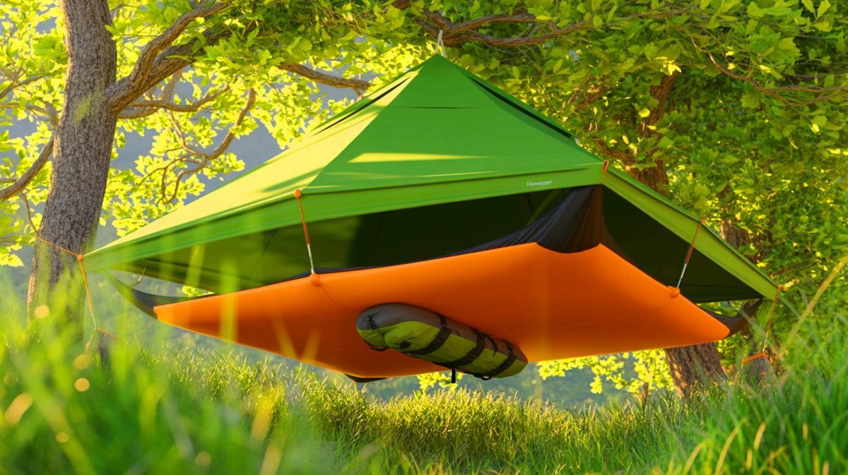 Illustration of the HoverTent combining hammock, tent, and ground shelter functionalities in an outdoor setting.
