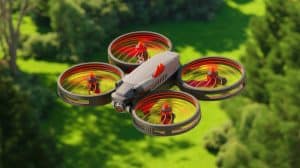 Illustration of a drone designed with woodpecker-inspired shock absorption technology.