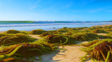 “Shoreline Methane Bomb”: Scientists Discover Seaweed on Sandy Beaches Unleashes Dangerous Emissions That Threaten Our Coastal Ecosystems Illustration of decomposing seaweed on a sandy shore contributing to methane emissions.