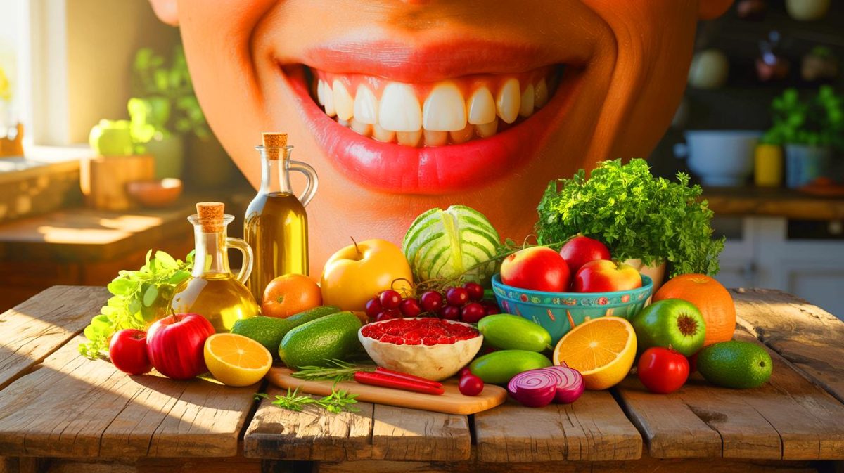 Illustration of the Mediterranean diet's impact on gum health and reduced inflammation.