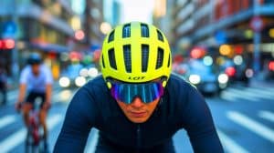 Illustration of a cyclist wearing a helmet equipped with Release Layer System technology for enhanced safety.
