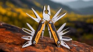 Illustration of the XTrailor P22 multitool showcasing its 22 functions including pliers, blades, and a firestarter.