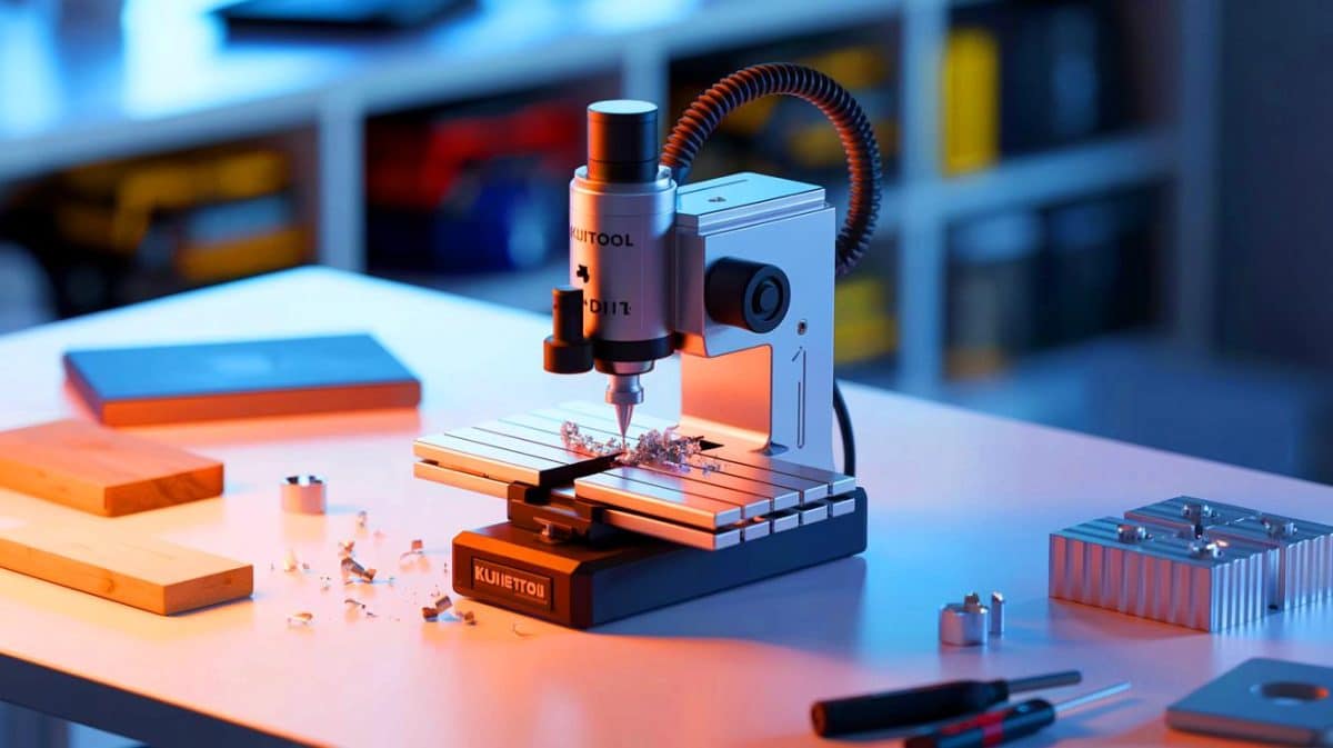 Illustration of the KujieTool K1 milling machine being used for precision machining on a small desktop.