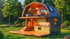Illustration of the Tiny Getaway with its unique upside-down living design and compact modern amenities.