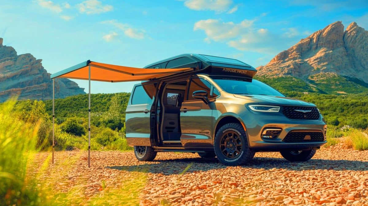 Illustration of the Chrysler Pacifica Grizzly Peak concept camper van showcased at Overland Expo Mountain West.