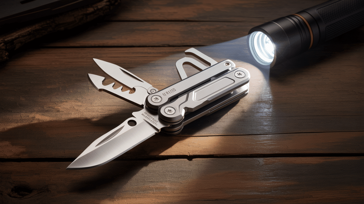 Illustration of the Tacray MT1 multitool with an integrated flashlight designed for practical everyday use.