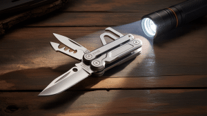 Illustration of the Tacray MT1 multitool with an integrated flashlight designed for practical everyday use.